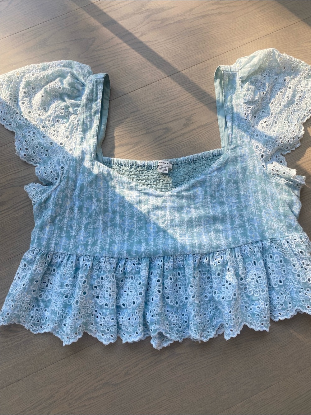 Light Blue Eyelet Flutter-Sleeve Crop Top -
